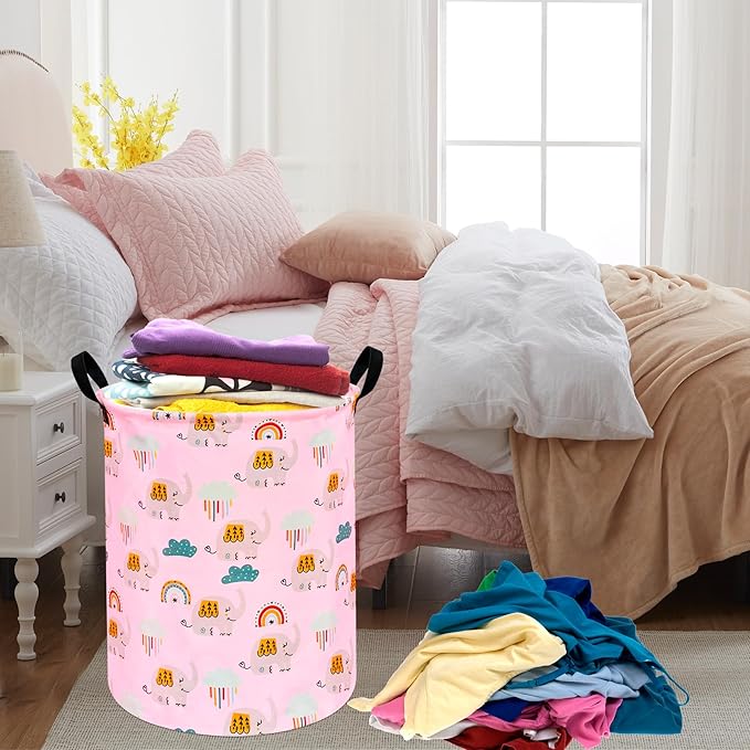 Elephant Pattern 19.7 Inch Round Laundry Clothes Hamper Laundry Basket with Handles,Storage Organizer Bins Laundry Gift Basket for Room, Bedroom Decor
