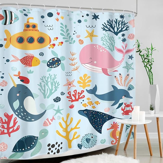 Blue Kids Shower Curtain 72Wx72H Kid Ocean Whale Funny Cartoon Cute Fish Sea Animal Underwater Baby Boy Girl Bathroom Decor Nursery Submarine Coastal Bath Curtain Fabric Polyester 12 Pack Hooks