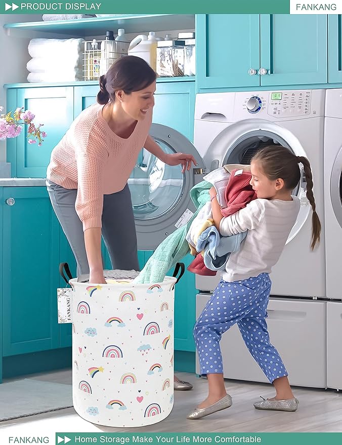 FANKANG Storage Basket, Nursery Hamper Canvas Laundry Basket Foldable with Waterproof PE Coating Large Storage Baskets for Kids Boys and Girls, Office, Bedroom, Clothes,Toys（Love Rainbow ）