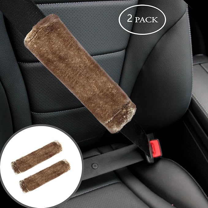 Amooca Soft Faux Fur Universal Fit Seatbelt Cover Car Truck SUV Airplane Seat Belt Shoulder Pad for Carmera Backpack Straps Neck Cushion Protector 2 Pack 10.5in Brown