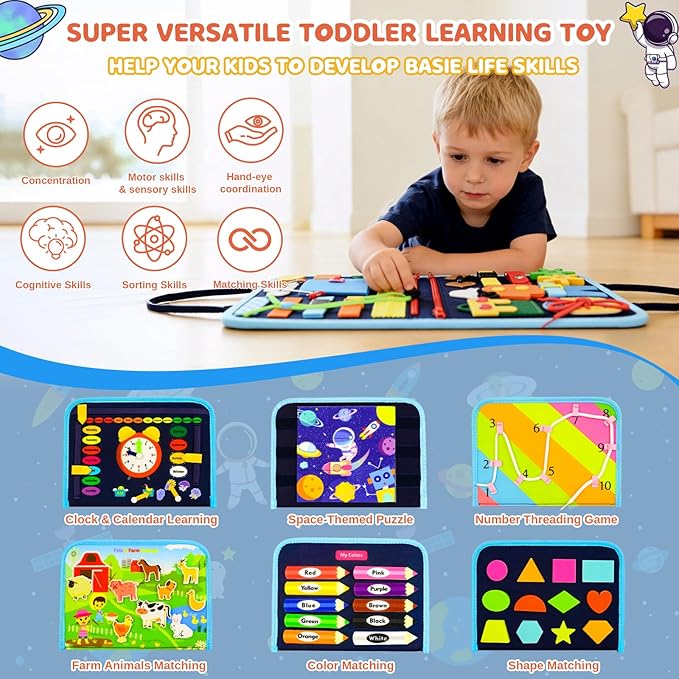 Toddler Busy Board Montessori Toys, Busy Book Educational Learning Toys for Toddler Boys, Activity Book Sensory Toy with Life Skills, Kids Travel Toy for Airplane Car Toddlers Christmas Birthday Gift