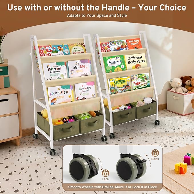 EARLY MINDS 3-Tier Kids Bookshelf with Storage, Wheels & Handle, Montessori Sling Book Organizer for Toddlers, Easy-to-Move Book Shelf, Nursery Bedroom Bookshelf
