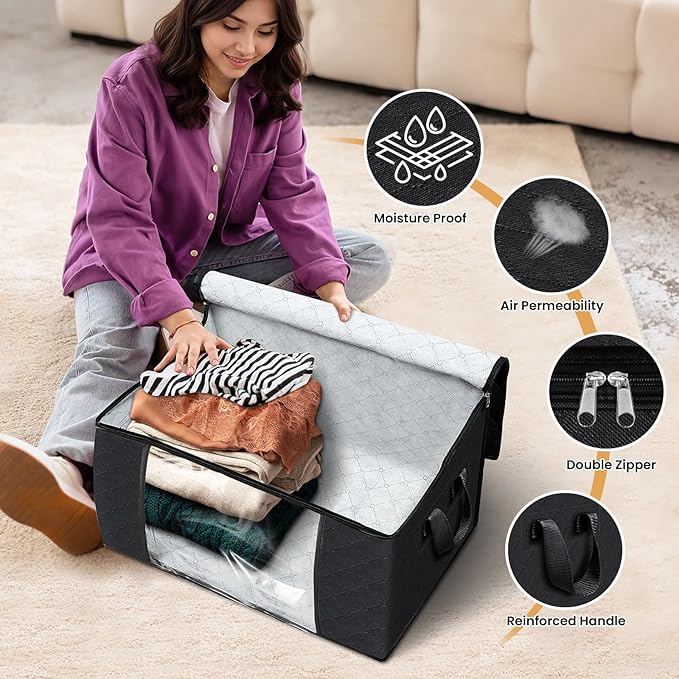 Fab totes Storage Bags,Clothes Blanket Storage Bins Foldable Closet Organizers with Reinforced Handle for Home Dorm Storage and Organization,Fabric Bags for Organizing Sheets,Clothing (Black,4 Pack)