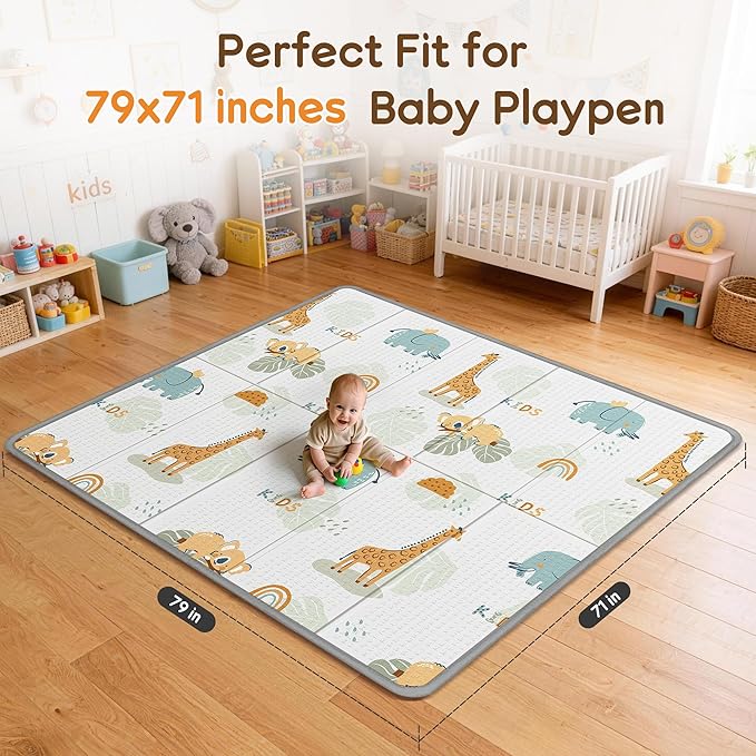 Foldable Baby Play Mat for Floor, PIGLOG 79x71 Extra Large Crawiling Play Mat for Babies, Waterproof & Portable Tummy Time and Non-Toxic Soft Foam Playmat for Infants, Toddlers