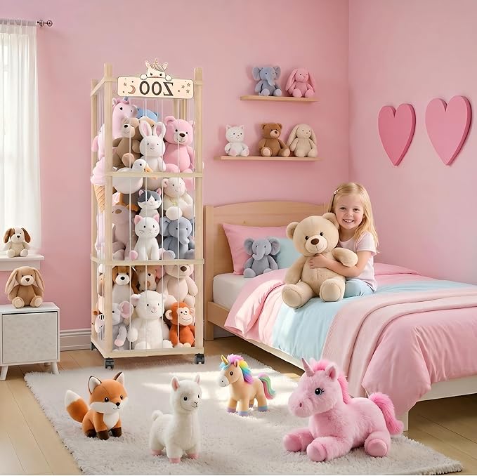 Stuffed Animal Storage Zoo Tower,56In Wooden Large Stuffed Animal Holder Organizer with Wheels,Stuffy Plushies Storage with Elastic Band&Mesh Bottom,Toy Storage Organizers for Playroom Bedroom Nursery