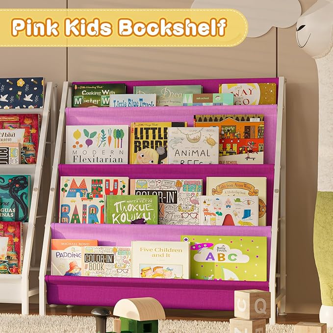 Kids Bookshelf for Kids Rooms, 4-Tier Montessori Bookshelf,Nursery Book Shelves,Pink Toddler Bookshelf, Metal Kid's Book Storage Organizer for Girls Room Furniture Playroom Kindergarten