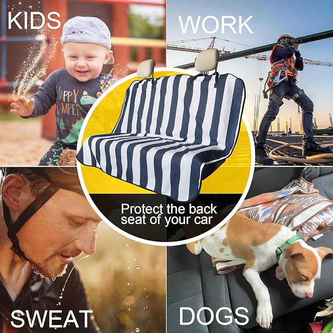 LoyaGour Back Seat Cover for Car Trucks Van SUV,Waterproof Rear Bench Towel Seat Covers for Dogs and Kids,Automotive Backseat Protector (Blue Stripe)