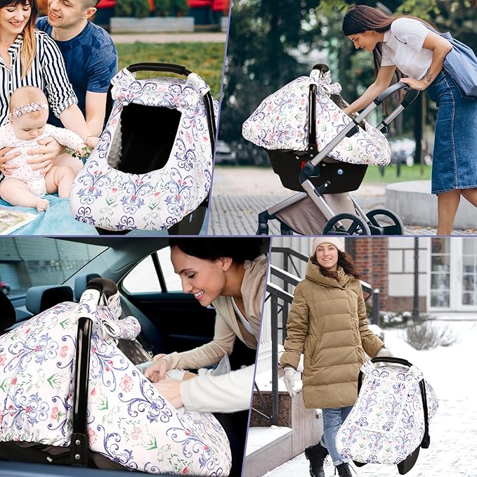 Car Seat Cover Baby, Infant Car Seat Covers Canopy for Baby Girl Boy, Cozy & Windproof Newborn Carseat Covers Minky Dot Backing Stroller Cover with Breathable Mesh Window, Blue Floral