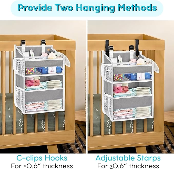 Ofiray-home Hanging Diaper Organizer for Changing Table,Cribs,Car,Playard or Wall & Nursery Organization-Durable 2-Tier Diaper Organizer with Mesh Pockets and Viewable Design, Won't Deform, Light Gray