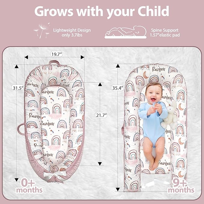 Baby Lounger-Breathable and Soft Organic 100% Cotton, Portable Infant Lounger with Removable Lounger Cover, Baby Nest Lounger for Newborn - Pink Rainbow