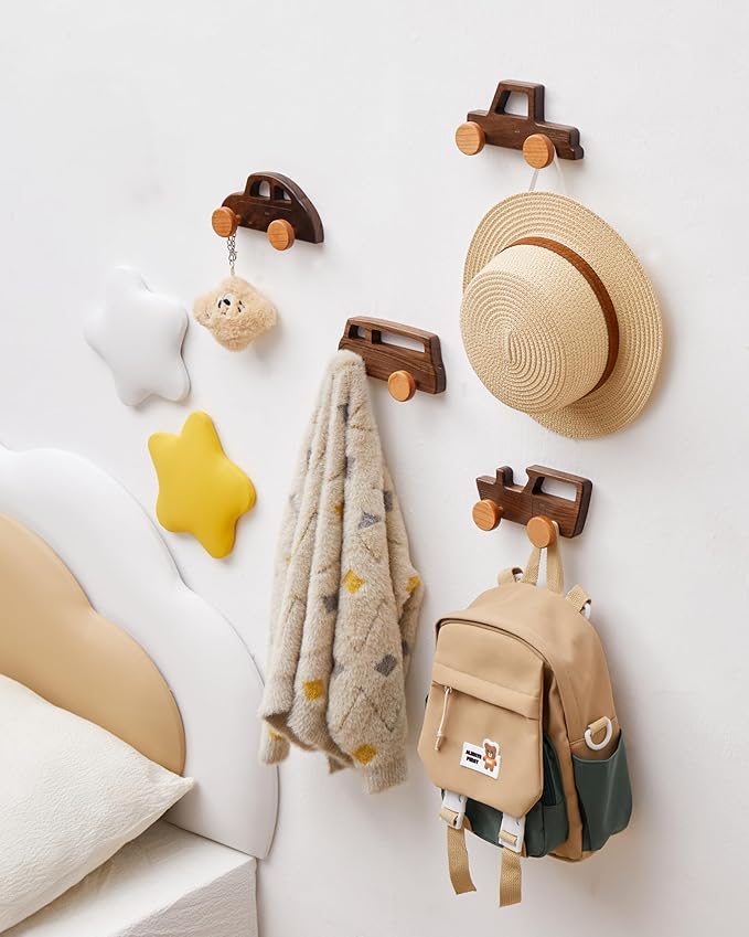 Kids Coat Hooks Wall Mount, Walnut Car-Shaped Coat Rack Heavy Duty for Bathrooms,Kids’ Room,Door,Nursery,Entryway, 4 Pack Wood Wall Hooks for Hanging Hats,Backpacks,Towels,Keys&Clothes