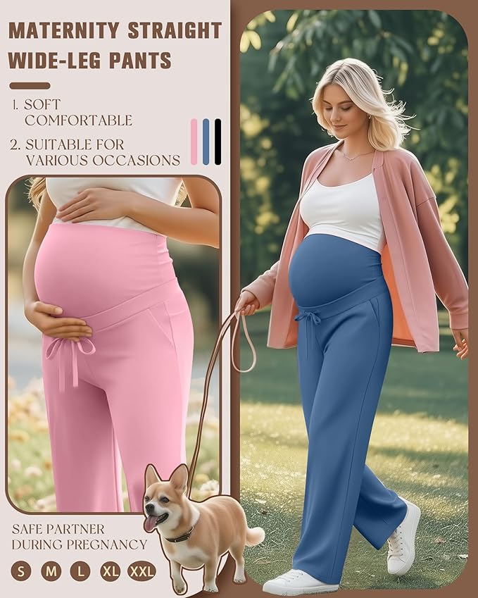 3 Pcs Maternity Sweatpants Over The Belly Pregnancy Straight Wide Leg Elastic Drawstring Pants Joggers with Pockets