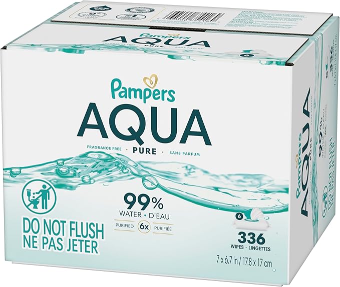 Pampers Aqua Pure Baby Wipes, 99% Water, Fragrance Free, Unscented, Water Based, Multi-Use, 336 Wipes Total (6X Flip-Top Packs) [Packaging May Vary]