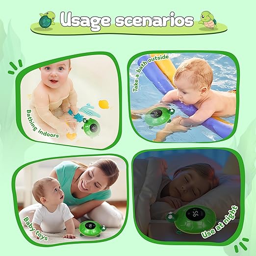 Baby Bath Thermometer with LED Display-Rechargeable Water&Room Temperature Monitor, Floating Toy with Temp Alert, Waterproof for Newborns, Nurseries - Must Have Bath Essentials (Green Tortoise)