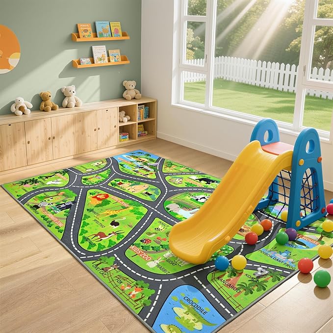 Zoo Adventure Kids Rug, Cute Animal Play Mat with Non-Slip Backing, Kids Carpet with Lions, Tigers & Giraffes for Educational and Fun Playtime, 5x7ft