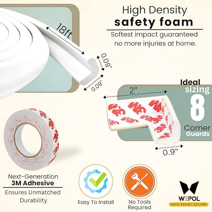 Table Edge Protector for Baby Proofing (18ft Edge+8 Corners) Baby Proof Corners and Edges Guard, Soft NBR Rubber Foam 3M Adhesive, Furniture Corner & Edge Safety Bumpers for Table & Fireplace-White