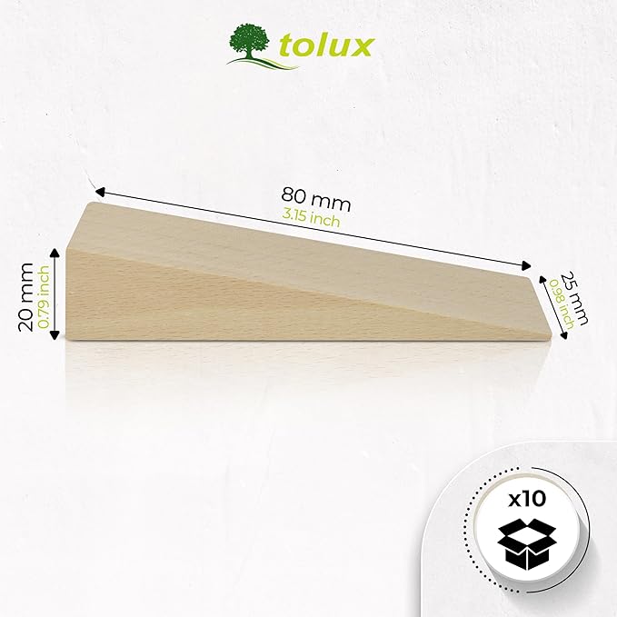 Tolux Wooden Wedges, Hardwood Wedge, Beech Wood Wedge, Wooden Doorstop, Handy Tool in Carpentry, Construction and Various DIY Projects, Size 80x25x20 mm / 3.15x0.98x0.79 in, Pack of 10 pcs