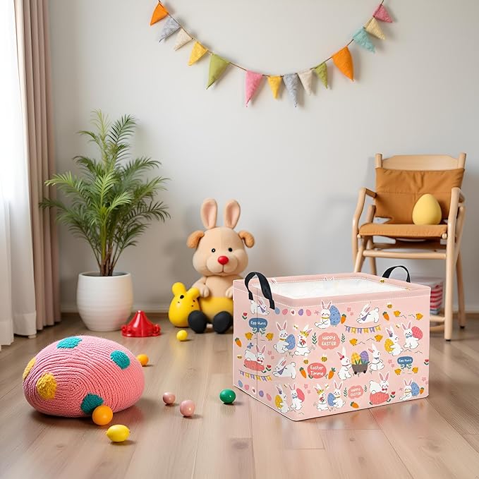TIBAOLOVER Rectangular Easter Basket Easter Basket for Kids Baby Storage Basket Cute Toy Storage Bin Organizer Shelf Book Basket Easter Room Decor(Pink Purple Easter)