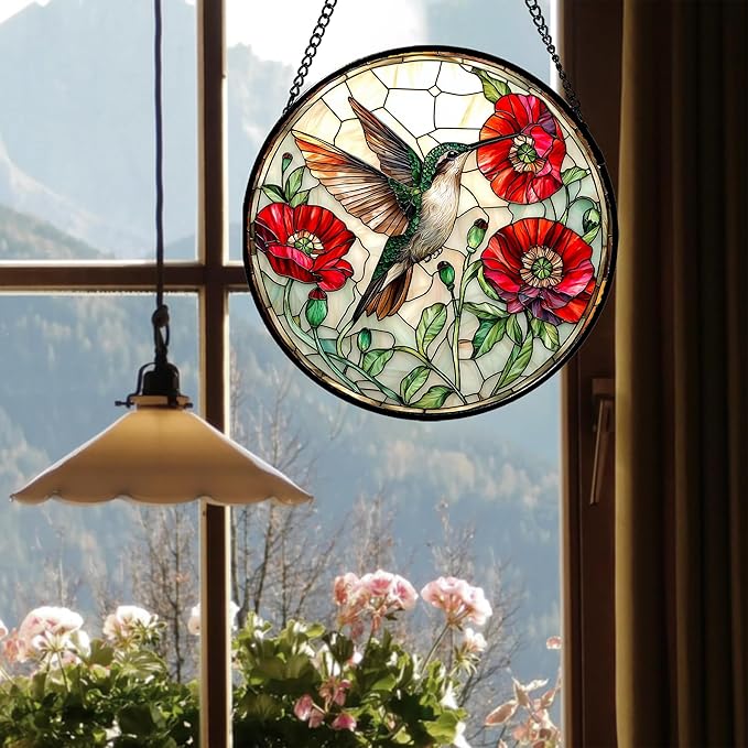 JOSUMALY Stained Glass Window Hanging - Green Hummingbird Red Flower Suncatcher for Door Terrace Garden Home Decor Bird Landscape Sun Catcher Birthday Gifts for Lovers Women Men Dad Mom Nana 11.8 in