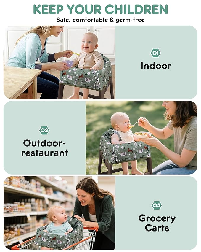 Lunobubo Baby High Chair Cover Restaurant with Strap Pads & 3-Point Harness, Machine Washable, Waterproof Portable Highchair Covers for Eating, Travel, Home Use - Fits Wooden Chairs, Green Dinosaurs