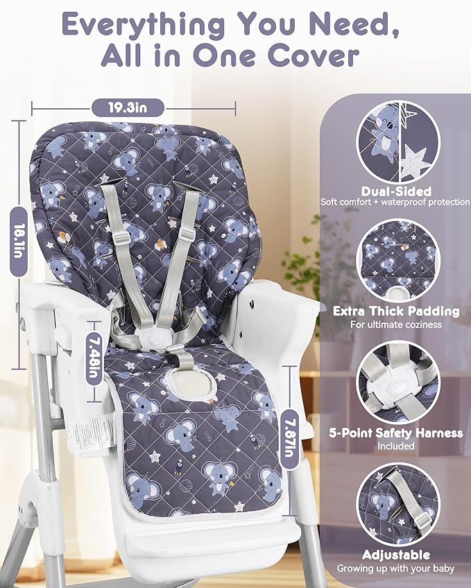 Baby High Chair Cover 2-in-1 Reversible, Includes 5-Point Harness Strap, Waterproof & Soft Dual-Side High Chair Pad Cushion, Machine Washable, Extra Thick Highchair Protector - Grey