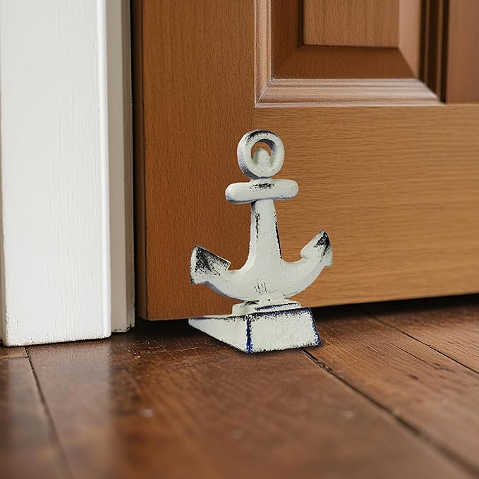 Door Stoppers for Bottom of Door Cast Iron Decorative Door Stop Wedge Metal Doorstops (Nautical Anchor Shape, Antique White)