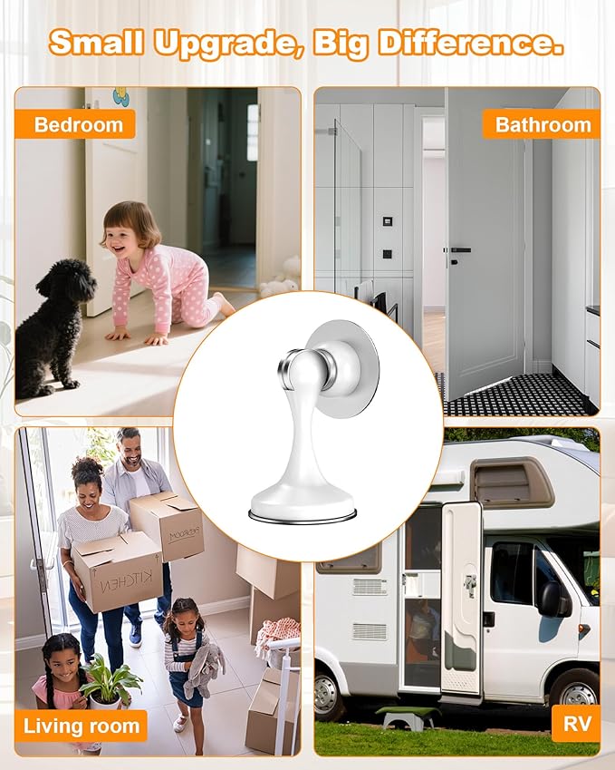 Crosize Magnetic Door Stoppers 6 Pack, Stainless Steel Door Stops for Wall and Floor Mounting, Door Holder Keep Door Open, No Drilling Door Stop with 3D Adhesive Tapes, White