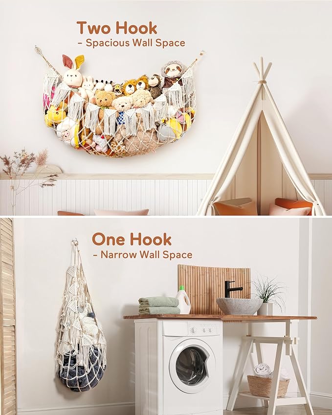 Boho Macrame Stuffed Animal Hammock with LED Lights – Large Wall Hanging Plushie Net, Corner Toy Organizer for Kids Bedroom, Nursery, Playroom & Dorm (White XXL)
