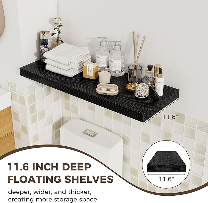 Fun Memories Deep Floating Shelves, 32W x 12D Black Wall Shelves, 32 Long Rustic Wood Wide Storage Shelves for Bedroom, Kitchen, Farmhouse, Laundry Room, Bedroom, Kitchen, Home Office- Set of 3