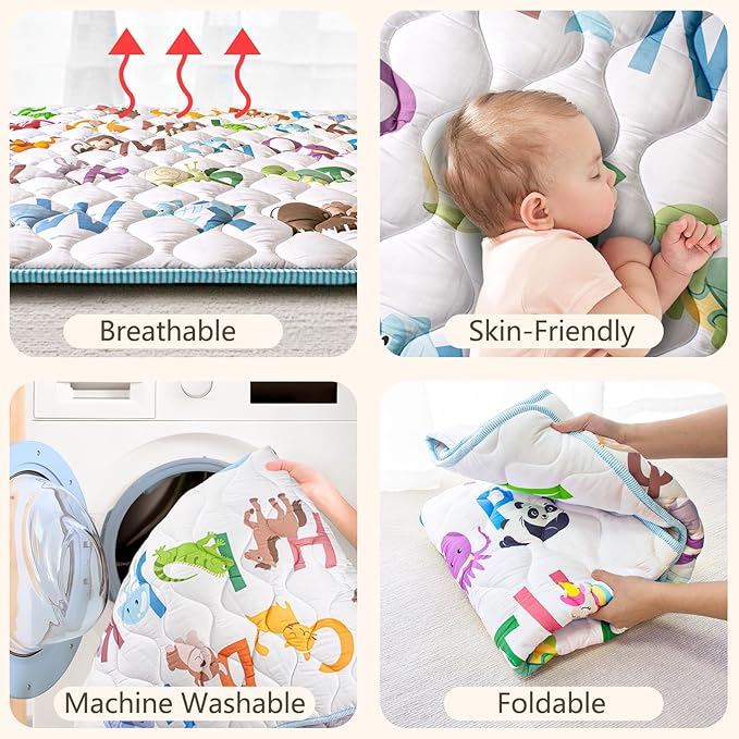 Baby Play Mat, 43x43 Mat with Super Soft Touch, Activity Mat with Upgraded Anti-Slip Bottom, Machine Washable Crawling Mat for Floor & Picnic(Animal Alphabets)
