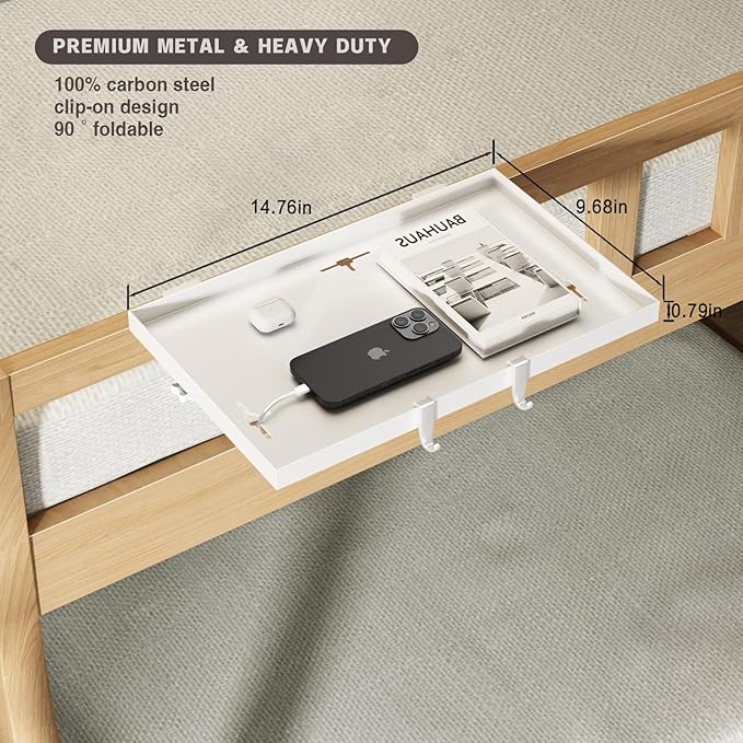 Magheo Foldable Bedside Shelf, Metal Clip-On Bunk Bed Table Shelf for Top Bunk Heavy Duty Bed Side Table Tray for College Dorm Room Essentials, Loft Nightstand Organizer Tray with 3 Cord Hole(White)