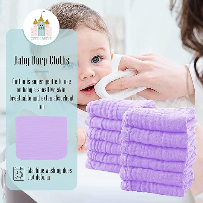 Cute Castle 12 Pack Muslin Burp Cloths for Baby - Ultra-Soft 100% Cotton Baby Washcloths - Large 20'' by 10'' Super Absorbent Milk Spit Up Rags - Burpy Cloths for Unisex, Boy, Girl - Purple