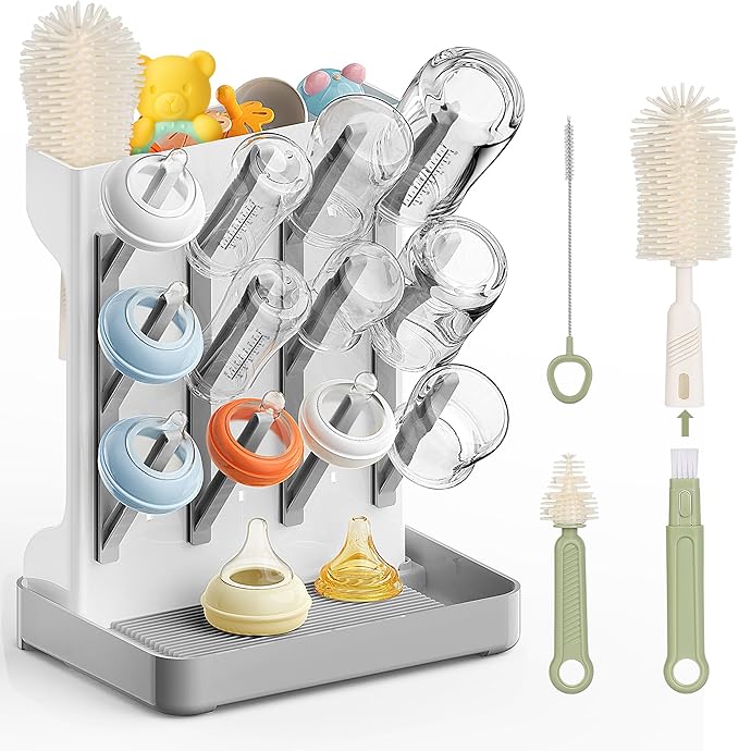 Viddett Baby Bottle Drying Rack: Vertical Space Saving Countertop Drying Rack - BPA-Free Baby Accessories Storage Stand Organize Brushes Pacifiers on Countertop - Elegant Grey