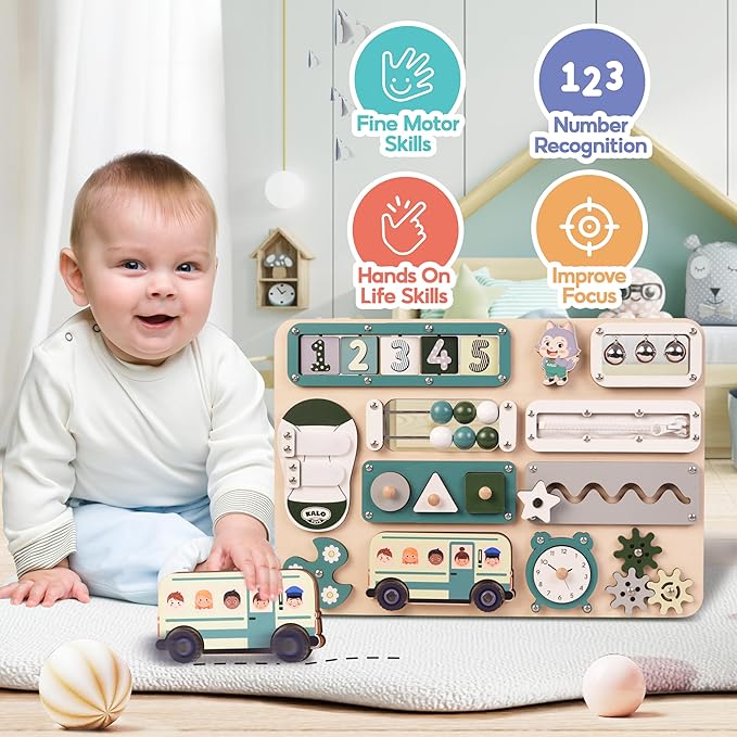 KALOTOYS Large Busy Board Montessori Toys for 1 2 3 Year Old - Sensory Toys for Toddlers 1-3 - Fine Motor Skills & Early Learning - Montessori Gift for Boys & Girls - Travel-Friendly & Safe (Green)