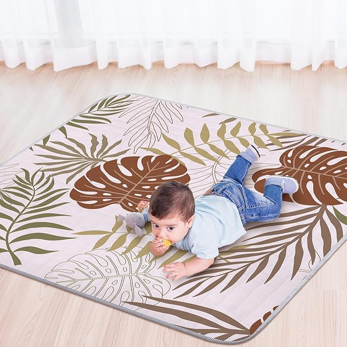 Funtery 43 x 43 Inch Boho Baby Play Mat Portable Crawling Washable Foldable Tummy Time Non Slip Baby Floor Large Playpen Mat for Infants Toddlers Floor Playpen Activity(Plant Theme)