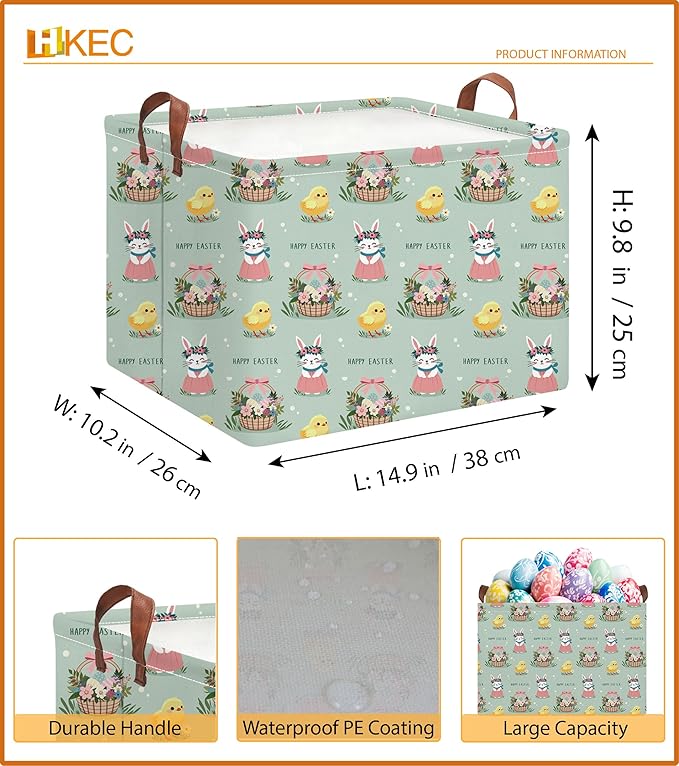 HKEC Rectangle Green Easter Basket Empty,Easter Gift Bakset for Egg Hunting,Books Bin with Handles,Room Decor(Pale Green Easter Basket)