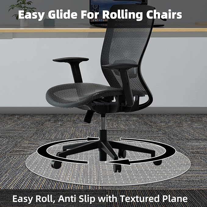 Office Chair Mat for Carpet: 36" x 36" Plastic Heavy Duty Computer Desk Mats for Low Flat and No Pile Carpeted Floor - Clear Rug Pad for Rolling Chairs Office Work Home Gaming Round