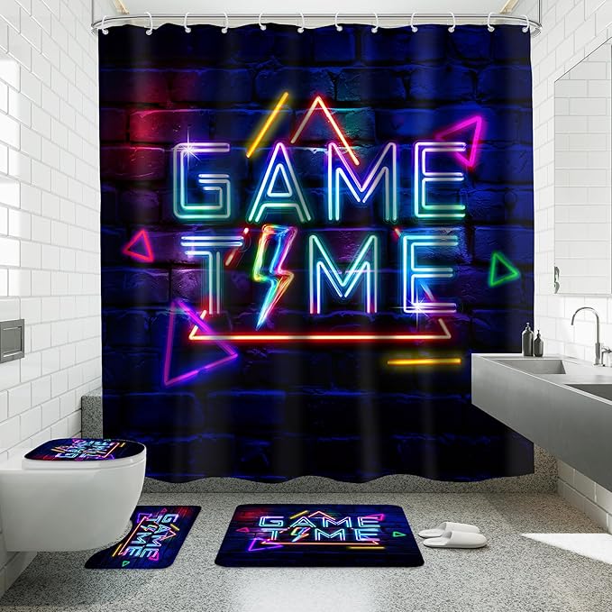 4 PCS Game Time Shower Curtain Set 72Wx72H Funny Neon Gaming Boys Children Bathroom Set Non-Slip Bath Rug Toilet Lid Cover U Shape Mat Complete Bathtub Accessories with 12 Hooks Bathroom Decor