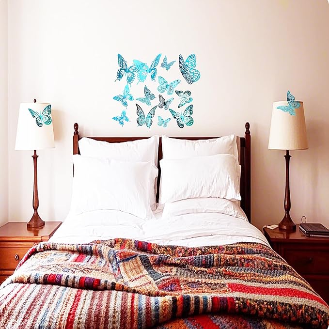 JOSDIOX 3D Turquoise Blue Butterfly Wall Stickers - 48 Pcs with 4 Styles & 3 Sizes, Removable Decor for Party Birthday Wedding Cake Balloon Decoration （48 Blue