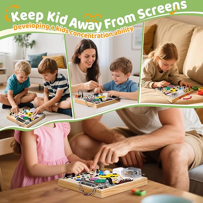 GNAYUIJ Montessori Wooden Busy Board Toys for 1 2 3 Boys Girls,Toddler Sensory Educational Fidget Board Travel Toy with LED Light Up Switches & Music Boxes, Locks for Kids Gifts
