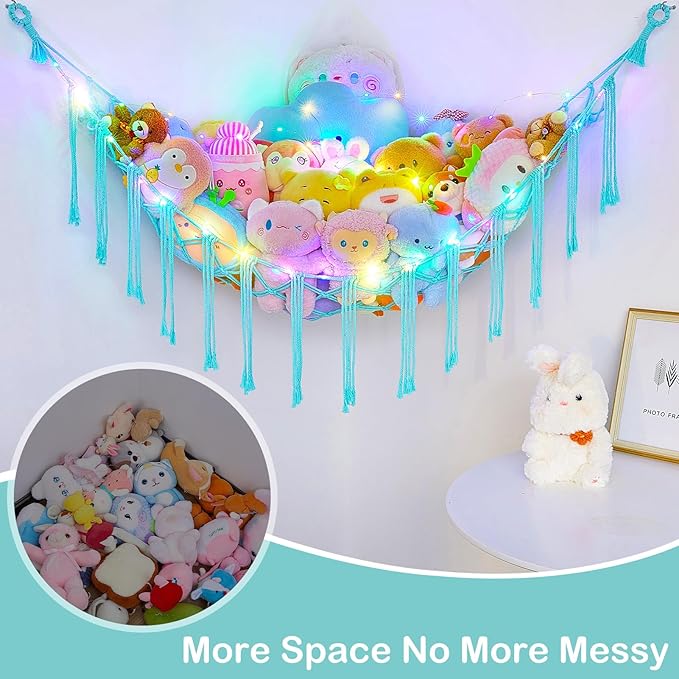 Basumee Stuffed Animals Net or Hammock with LED Light, Hanging Stuffed Animals Storage Toy Hammock Net Corner Wall Girls Room Decor Toy Storage Organizer, Light Aqua Green, L