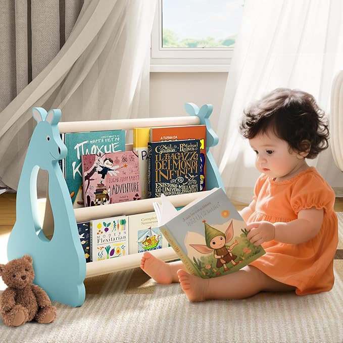 Lullulii Double Sided Kids Bookshelf – 2 Tier Portable Toddler Bookshelf, Book Shelf for Kids Rooms & Playroom, Cute Kangaroo Design Wooden Montessori Baby Bookshelf,Toddler Book Display Shelves,Blue