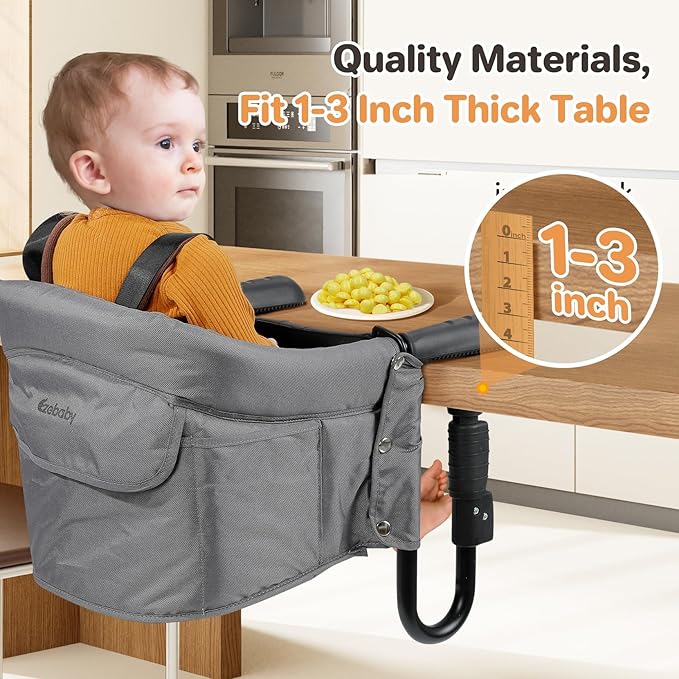 Ezebaby Hook on High Chairs, Secure Clip on High Chair for Baby, Compact Fold-Flat for Easy Storage, Fast Table Chair with Baby Seat, Portable Highchair Attaches to Table for Travel, Grey