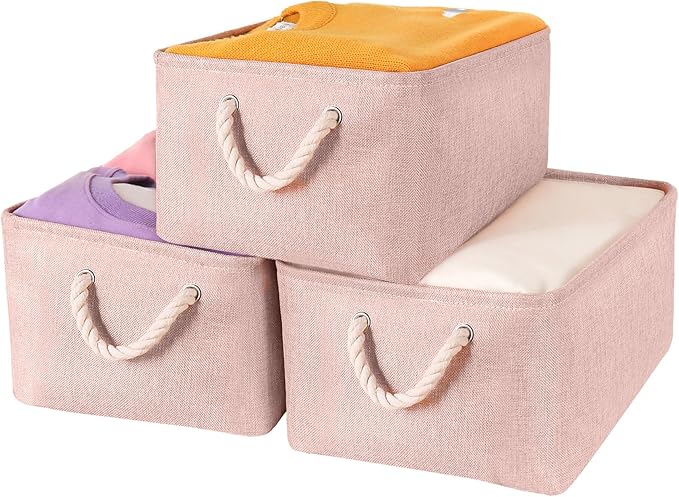 LordCom Storage Bins with Sturdy Cotton Handles(3 Pack), Fabric Storage Baskets for Organizing use for Office & Home, Book, Clothes, Toys, Closet Boxes (Small, Pink, 12.2x8.3x6.3 inches)