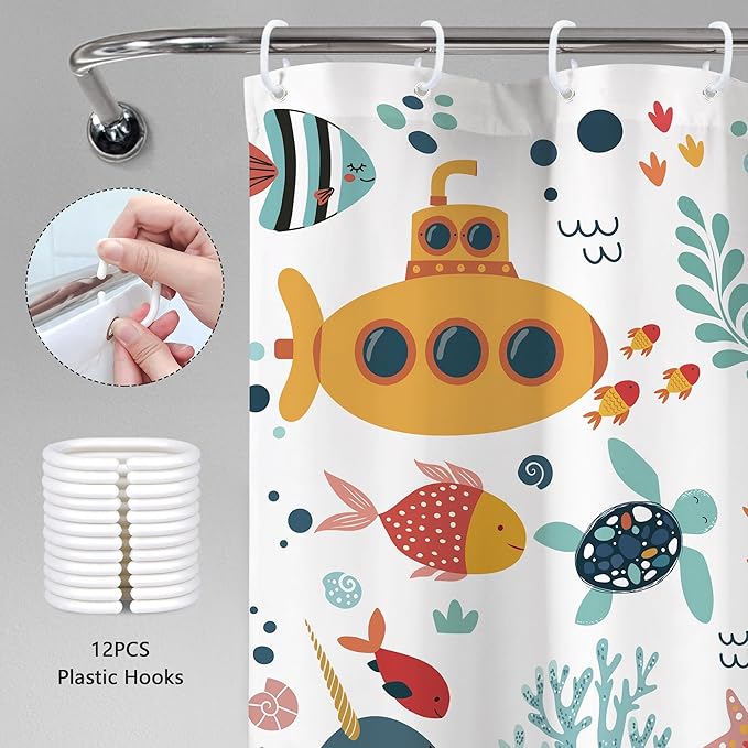 Kids Shower Curtain Ocean Summer Cute Cartoon Whale Funny Kid Bathroom Decor for Nursery Boys Girls Underwater Coastal Submarine Fish Animal 60Wx72H Bath Curtain Fabric Polyester 12 Pack Hooks