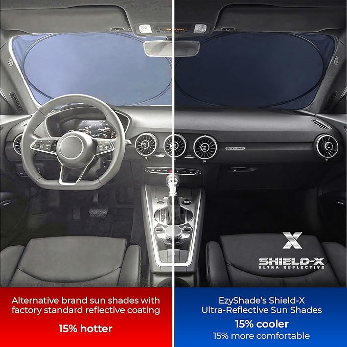 EzyShade Windshield Sun Shade with Shield-X Reflective Technology. See Vehicle Size-Chart. Foldable 1-Piece Car Sunshade Front Windshield Window Car SUV Truck. Sun Visor Heat Shield. Medium (M) Size
