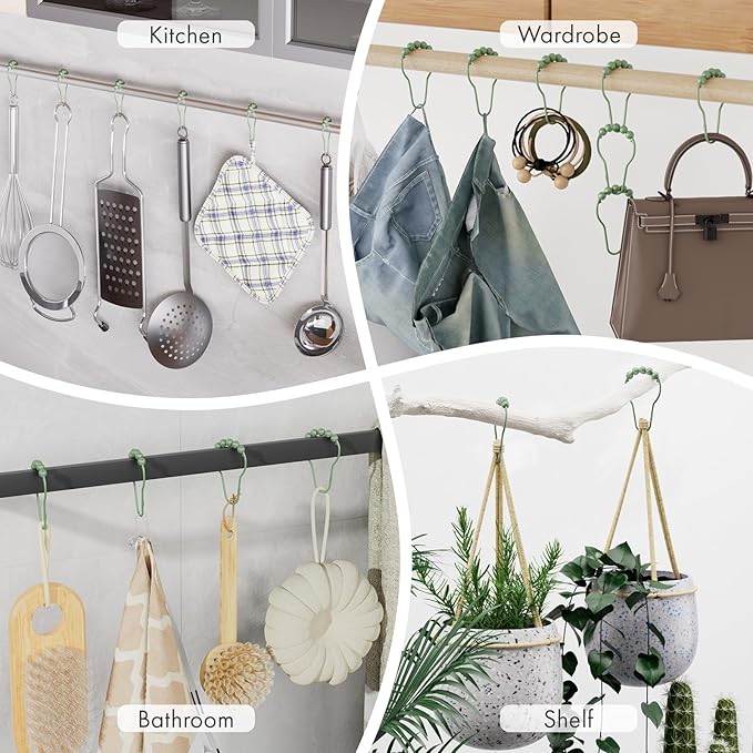 Amazer Shower Curtain Hooks, Decorative Shower Curtain Hooks, Sage Green Rustproof Stainless Steel Shower Hooks for Shower Curtain Liner Shower Rod Hook 12pcs