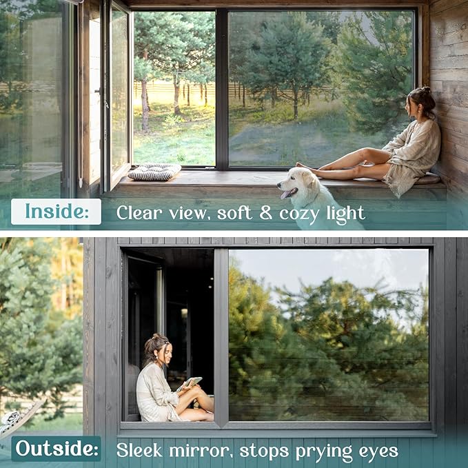 Haton Window Privacy Film One Way Window Tint for Home, Sun UV Blocking Heat Control Reflective Mirror Film, No Glue Static Cling See Out Not in Glass Door Covering, Silver, 23.6" x 118"