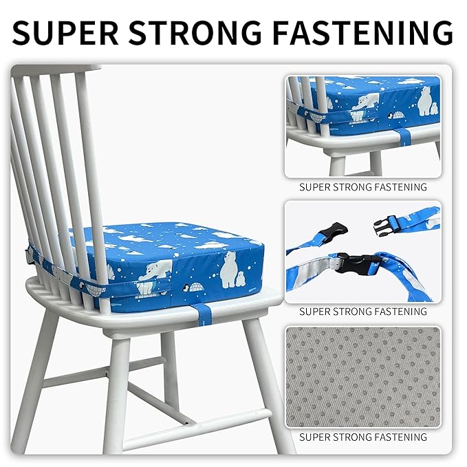 Toddler Booster Seat for Dining Table, Waterproof Kids Booster Seat for Kitchen Chair, High Density Foam Cushion with Non-Slip Bottom, Washable Cover & Adjustable Straps (Polar Bear)