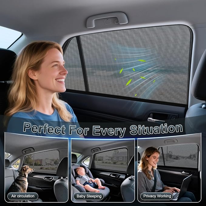 PEYOU Car Window Shades for Baby 2 Pack, Stretchable & Breathable Spandex Rear Side Car Sun Shade for Camping, Blocks Uv Rays & Sun Glare for Kids/Adults/Pets - 44.9"X19.7" Fits 99% Cars